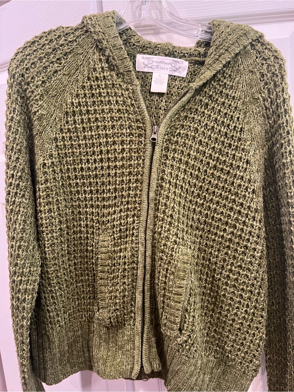 Tiara Olive Green Waffle Knit Zip Hoodie Cardigan